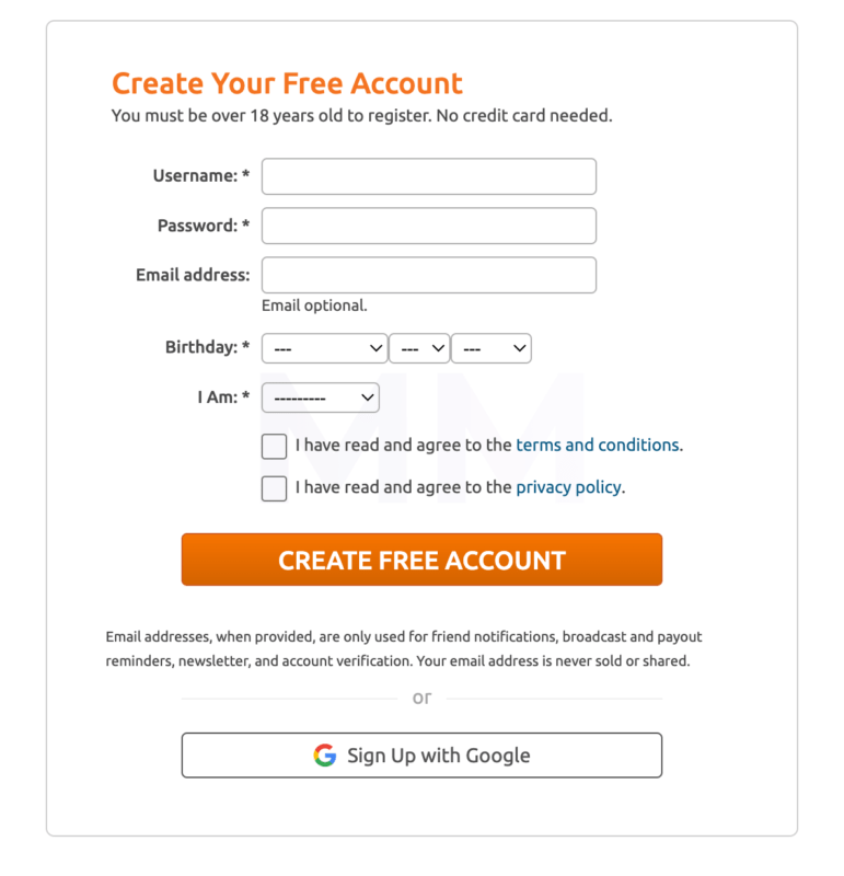 Registration: Filling Out the Chaturbate Form